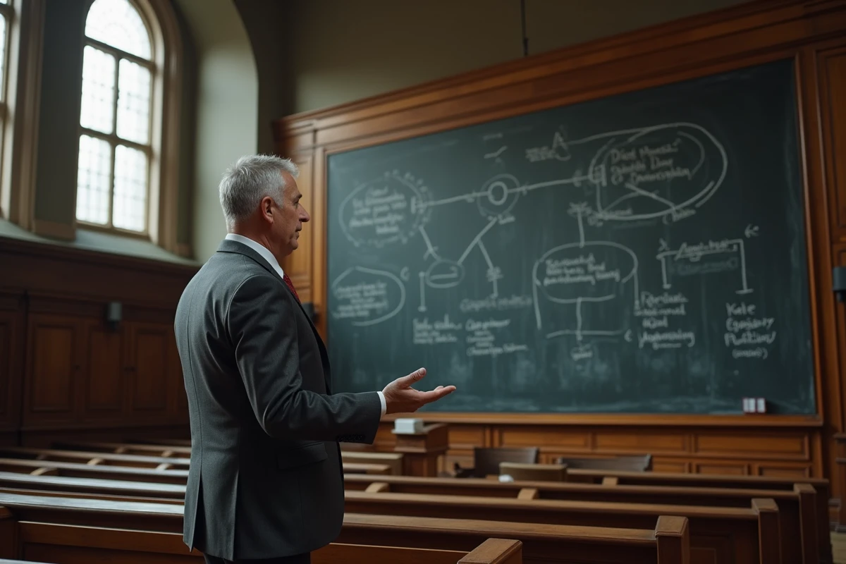 Professeur de philosophie morale en costume gris gesticulant devant un tableau noir couvert de maximes éthiques dans un amphithéâtre universitaire historique