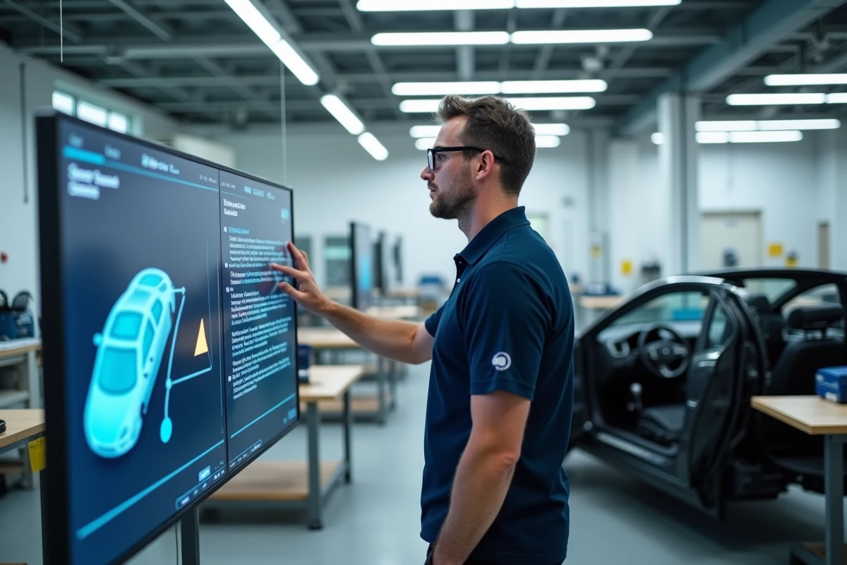 Ingénieur automobile analysant des données de conduite autonome sur un écran dans un laboratoire de recherche