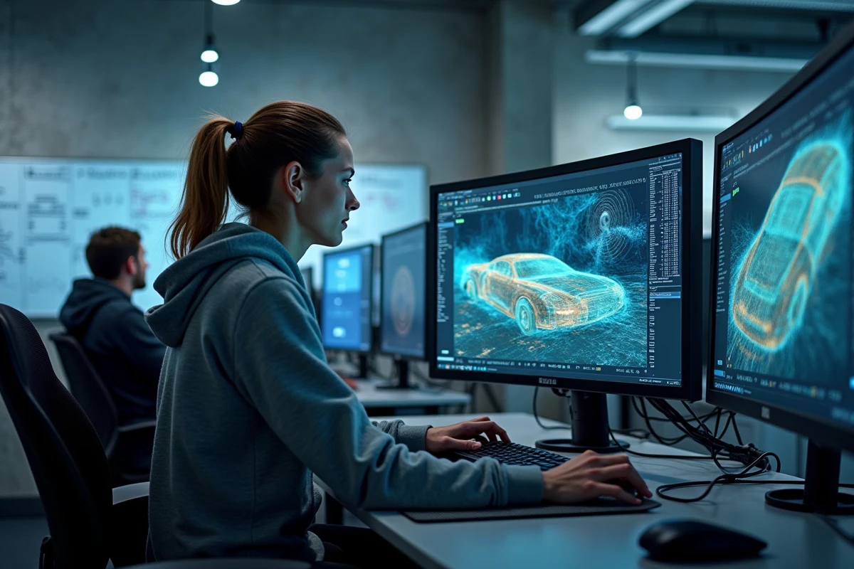Ingénieure logiciel analysant des données de simulation de conduite autonome niveau 5 sur plusieurs écrans dans un laboratoire technologique