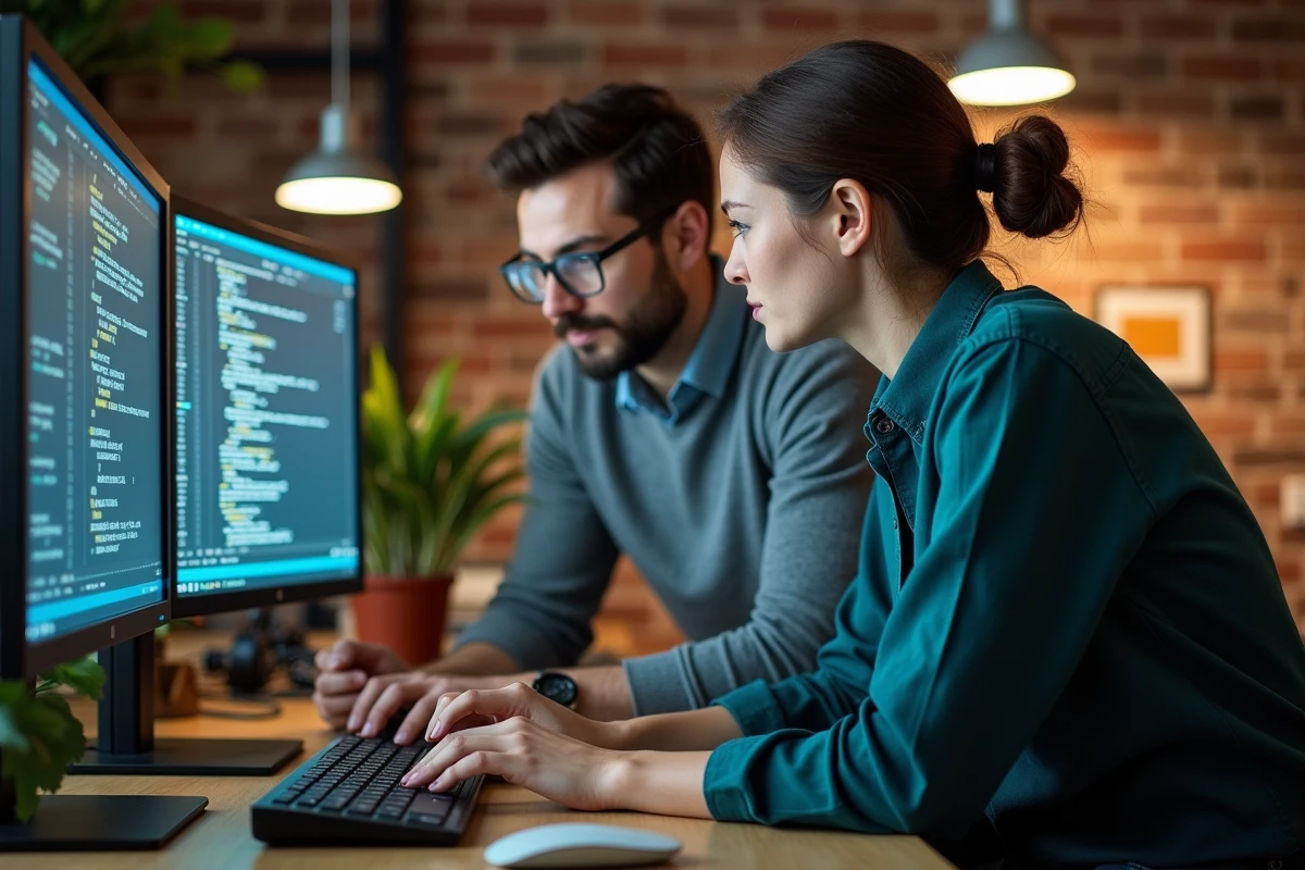 Deux ingénieurs collaborant sur des algorithmes d'informatique quantique dans un bureau technologique