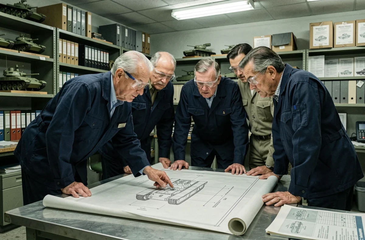 Ingénieurs de défense français des années 1970 examinant les plans techniques du projet de char Leclerc dans un bureau d'études industriel