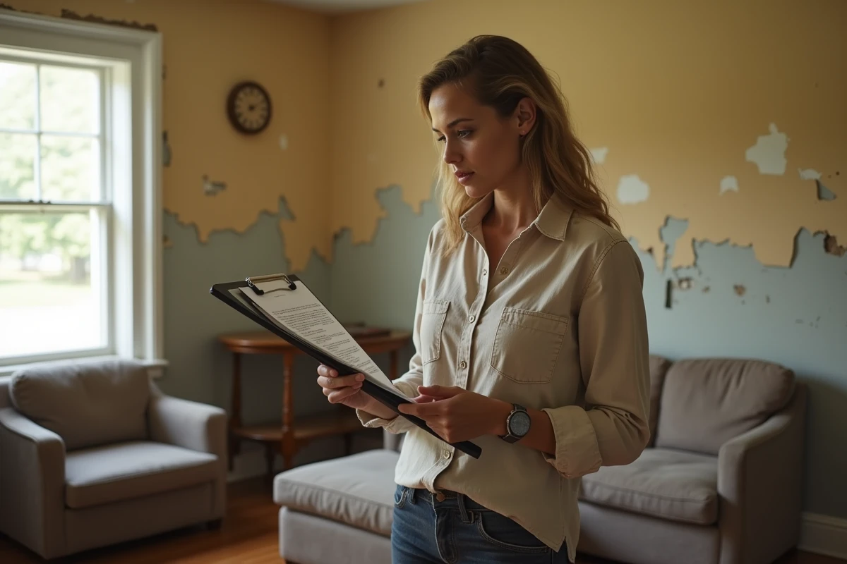 Femme inspectant les défauts d'un bien immobilier affectant la valeur estimée de la maison