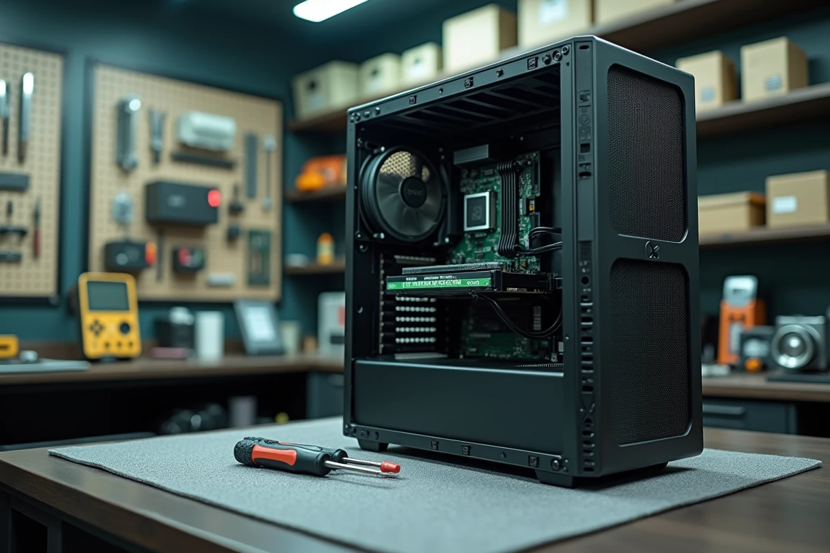 Intérieur d'un PC de bureau avec emplacements SSD NVMe M.2 visibles sur un établi d'atelier électronique