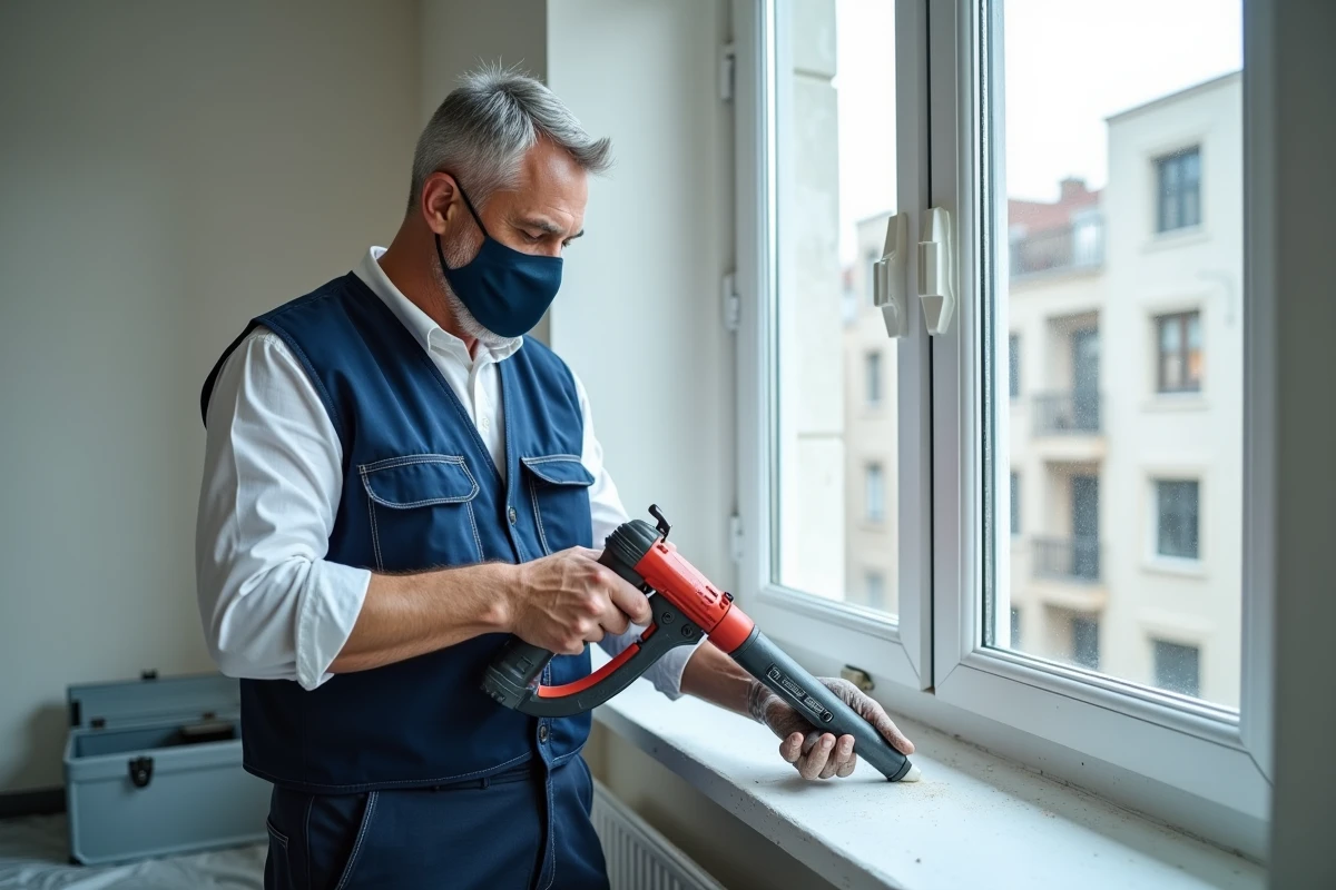 Entrepreneur appliquant de la mousse polyuréthane expansive autour d'un cadre de fenêtre pour assurer une isolation efficace contre les infiltrations