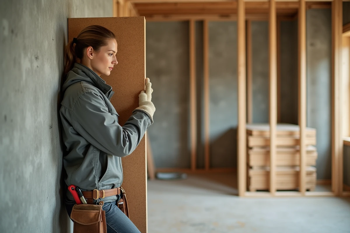 Entrepreneuse en bâtiment posant des panneaux d'isolant en liège dans une maison écologique en construction