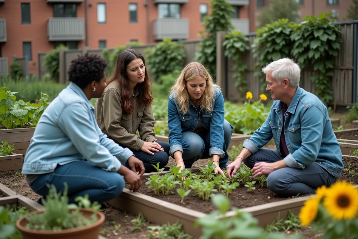 Groupe de citadins travaillant ensemble dans un jardin communautaire urbain, symbolisant les objectifs sociaux et alimentaires de l'agriculture urbaine