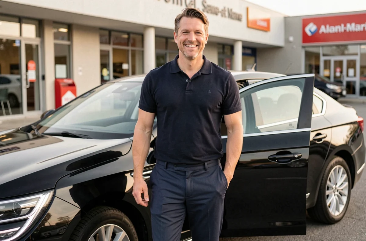 Un chauffeur souriant en polo sombre tenant la portière d'une berline noire dans un quartier commercial de Seine-et-Marne pour Jeremy Service