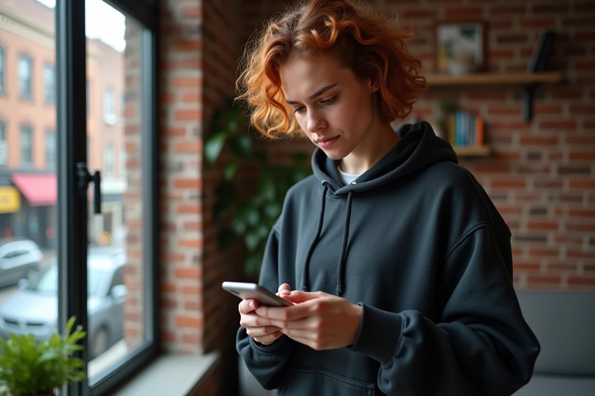 Jeune adulte utilisant une application de recherche inversée de numéro sur smartphone pour identifier un appel suspect depuis son appartement