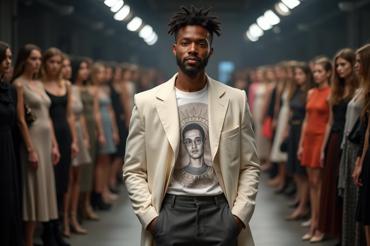 Jeune créateur de mode influent en coulisses d'un défilé entouré de modèles et de vêtements de luxe