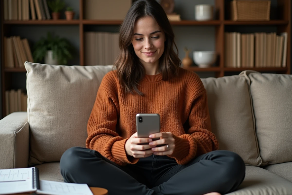 Jeune femme sur un canapé utilisant une application de calcul de dates sur smartphone avec un carnet de planning ouvert