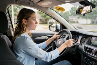 Jeune femme au volant d'une voiture d'auto-école lors d'une leçon de conduite, réforme du permis de conduire
