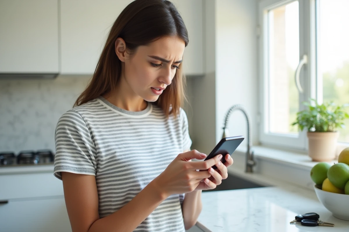 Jeune femme remplissant un formulaire de réclamation AliExpress sur son smartphone dans une cuisine moderne