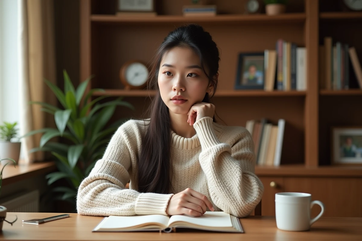 Jeune femme pensive assise à un bureau en bois avec un journal ouvert, expression résolue illustrant la résilience au quotidien