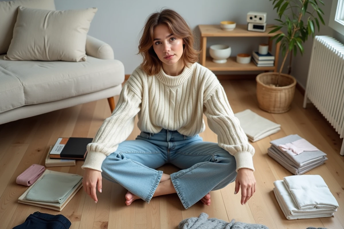 Jeune femme assise entourée d'objets de seconde main triés pour la revente en ligne dans un intérieur cosy