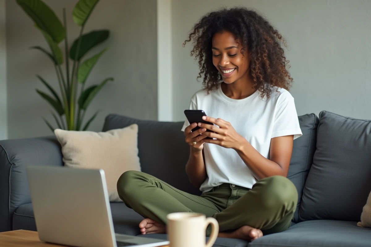 Jeune femme répondant rapidement à un message sur son téléphone en appliquant la règle des 2 minutes pour éviter la procrastination