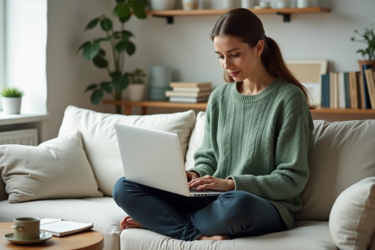 Jeune professionnelle gérant ses tâches depuis son bureau à domicile avec un ordinateur portable et un carnet de notes