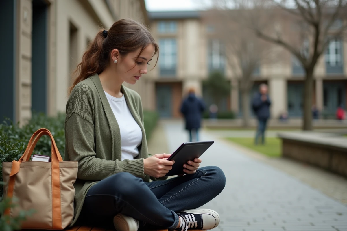 Jeune professeure certifiée consultant la grille de salaire 2026 sur tablette dans une cour d'école française