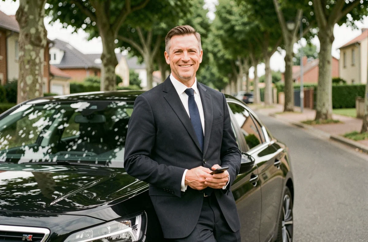 Chauffeur masculin en blazer sombre appuyé contre une berline noire dans une rue de Seine-et-Marne pour JMB Services Drive