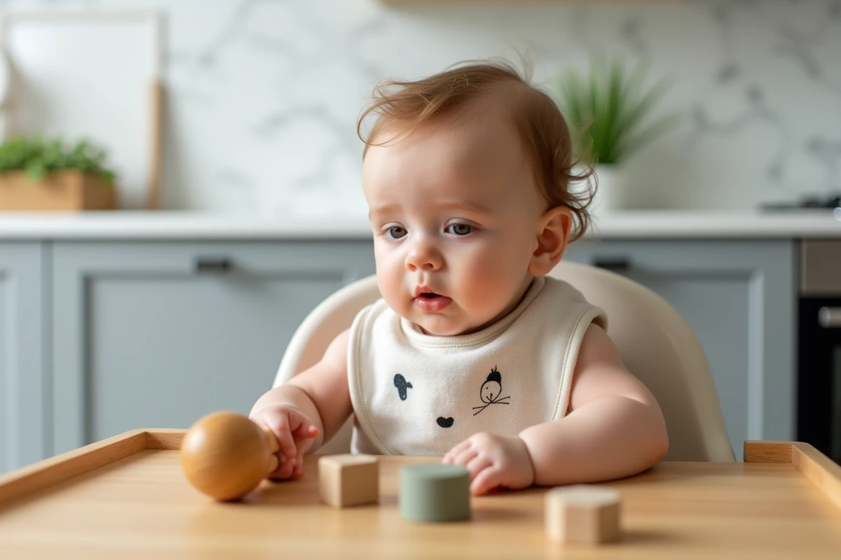 Bébé de 8 mois installé dans une chaise haute explorant des jouets sensoriels en bois et silicone dans une cuisine moderne