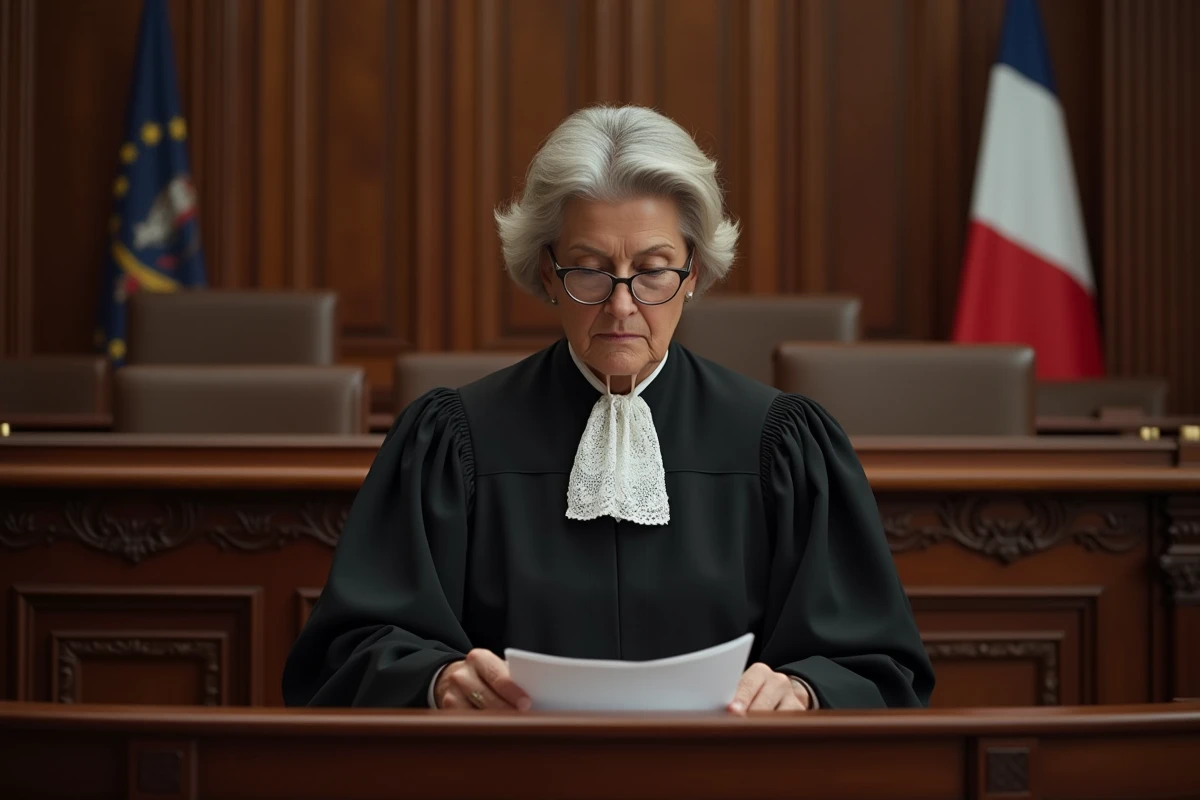 Juge en robe officielle lisant un dossier d'adoption simple dans une salle d'audience d'un tribunal français