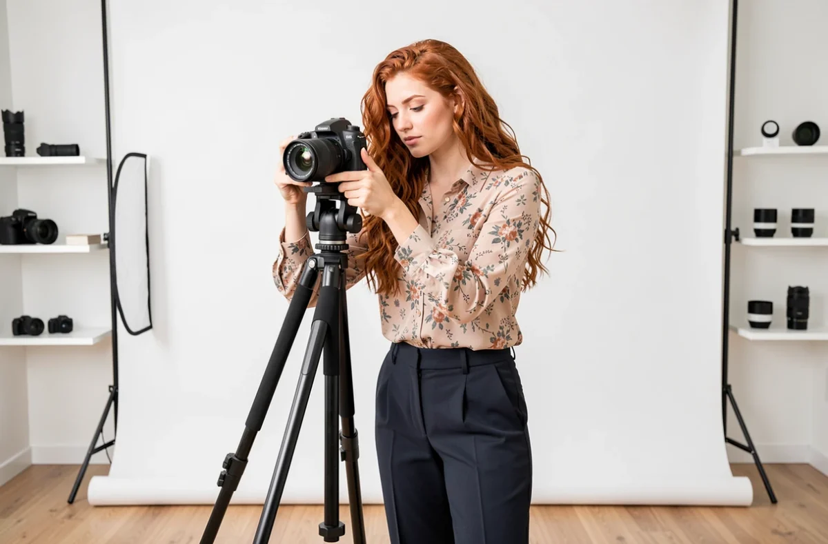 Julie Rodrigue, vidéaste, préparant son matériel dans un studio photo épuré en Seine-Maritime