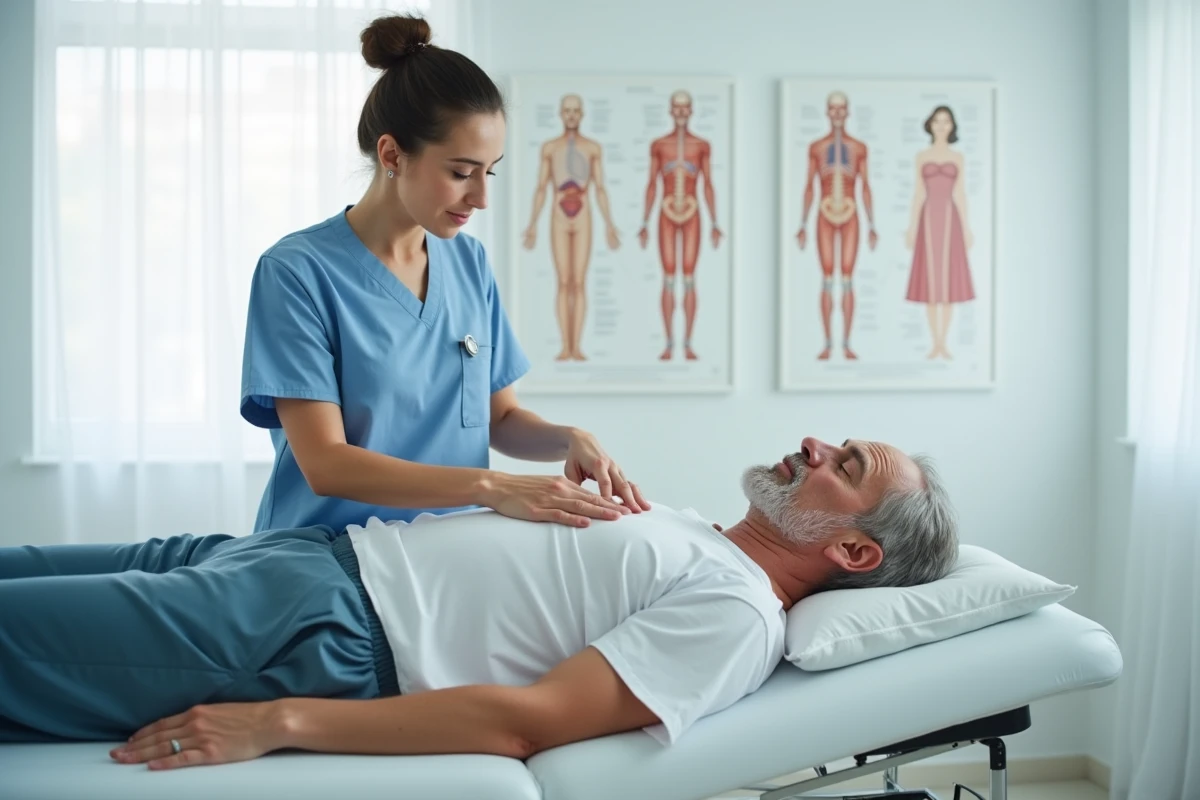 Kinésithérapeute guidant un patient pour la correction de la respiration lors d'une séance de rééducation