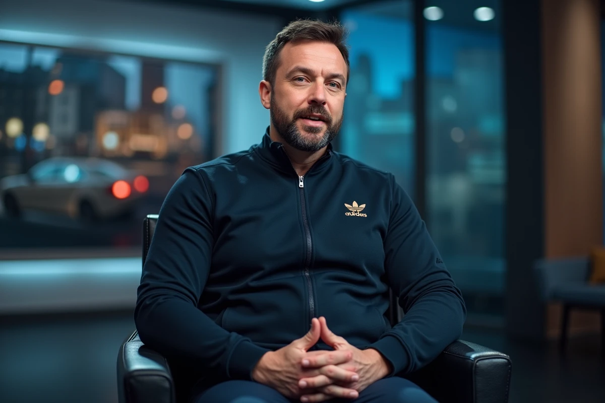 Rappeur français en interview télévisée sur plateau, taille imposante et attitude concentrée