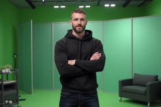 Artiste de rap français en coulisses d'un plateau TV en 2026, posture assurée en sweat noir