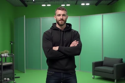 Artiste de rap français en coulisses d'un plateau TV en 2026, posture assurée en sweat noir