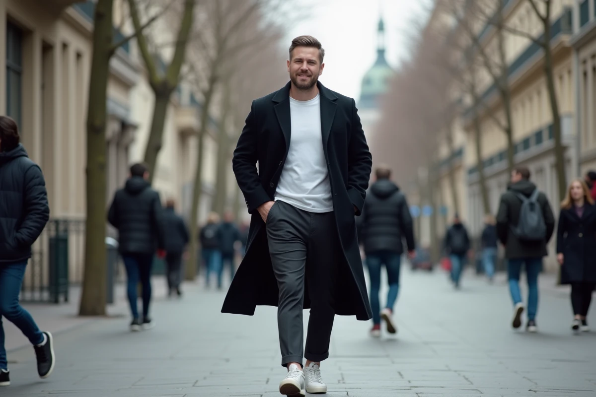 Rappeur de grande taille marchant dans les rues de Paris en 2026, style urbain sobre