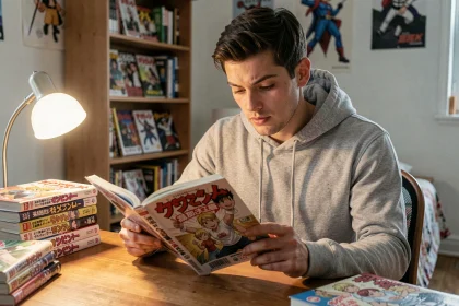 Jeune homme lisant un volume de manga One Punch Man à son bureau dans une chambre cosy entourée de livres