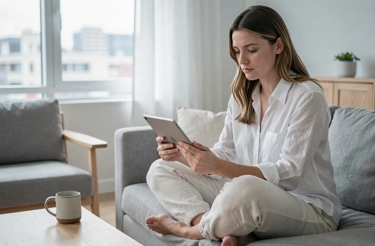 Femme adulte lisant des scans de manga One Punch Man sur une tablette dans un salon moderne et minimaliste