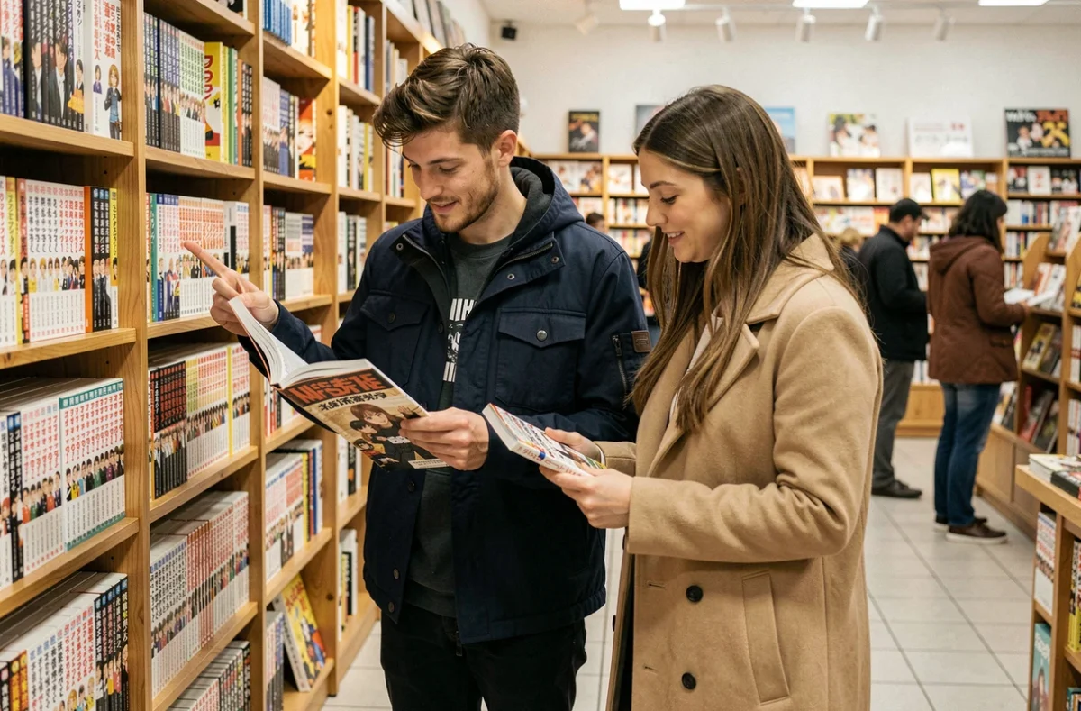 Deux lecteurs adultes comparant des volumes de manga dans une librairie spécialisée en bandes dessinées japonaises