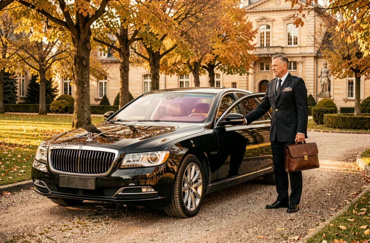 Une berline noire aux vitres teintées garée dans l'allée d'un domaine privé avec un chauffeur en uniforme pour Limou'VIP