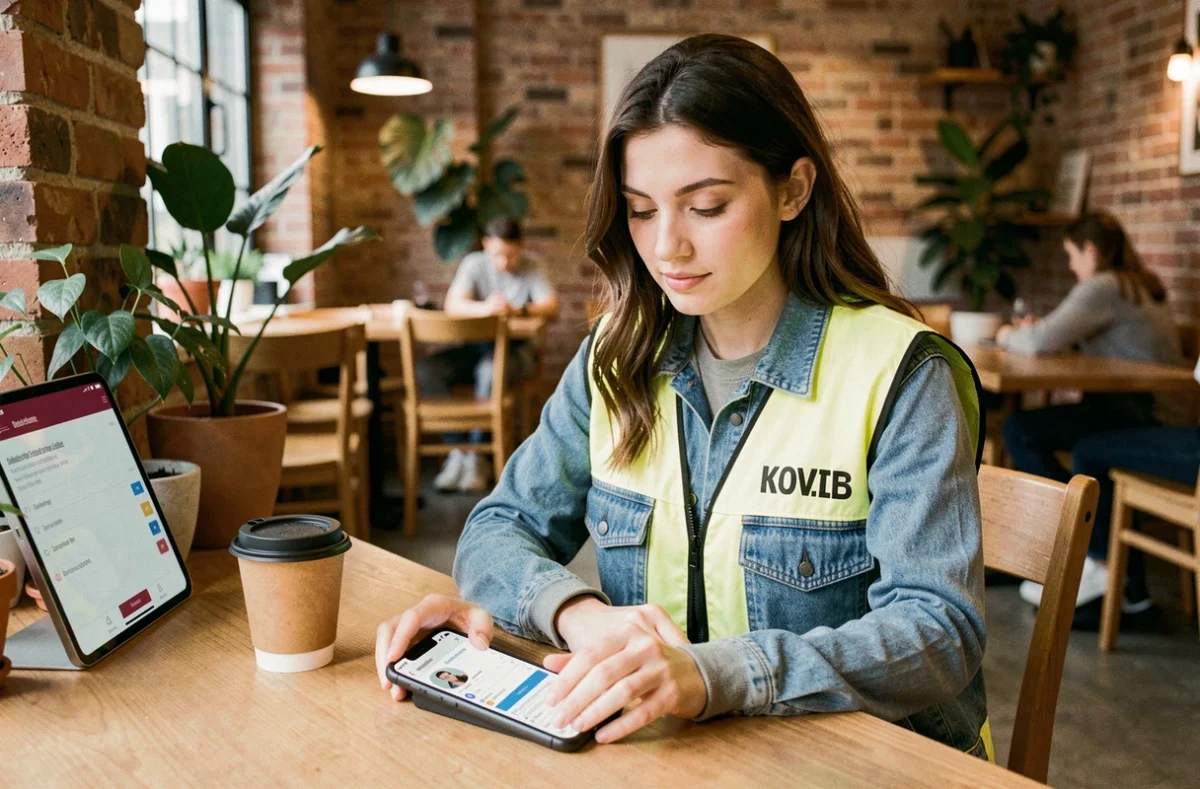 Livreuse Uber Eats consultant le numéro de support sur son smartphone dans un café