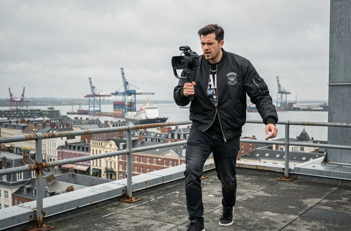 Lucas Music Vidéo filmant un clip de rap en extérieur sur un rooftop au Havre avec le port en arrière-plan