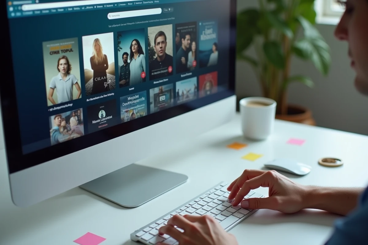 Mains tapant une adresse web de site de films sur un clavier d'ordinateur de bureau
