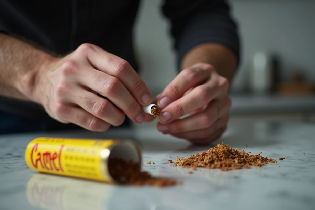 Mains masculines en train de rouler une cigarette avec du tabac Camel 30g sur un comptoir en marbre