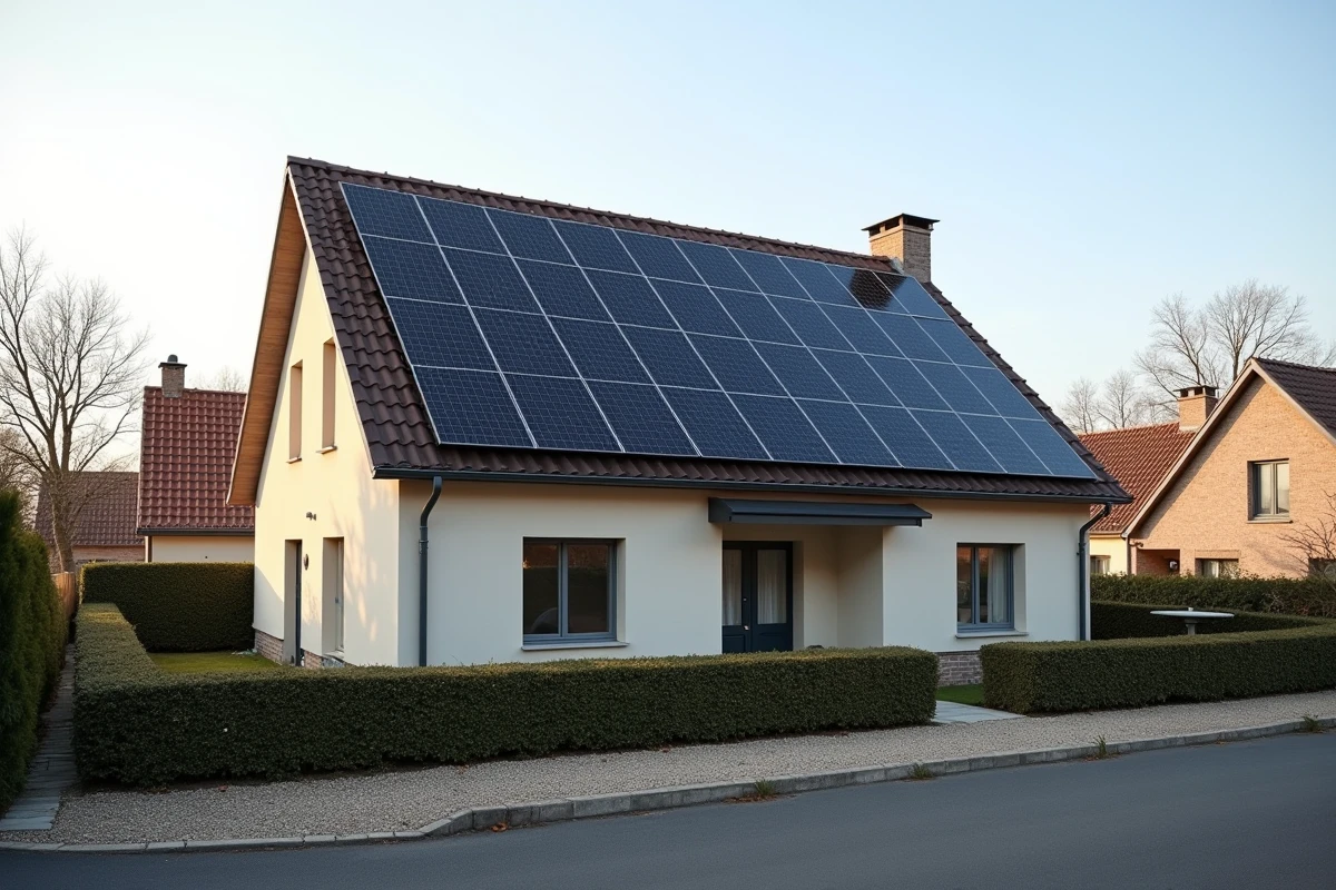 Maison individuelle française avec toiture couverte de panneaux solaires photovoltaïques en milieu périurbain