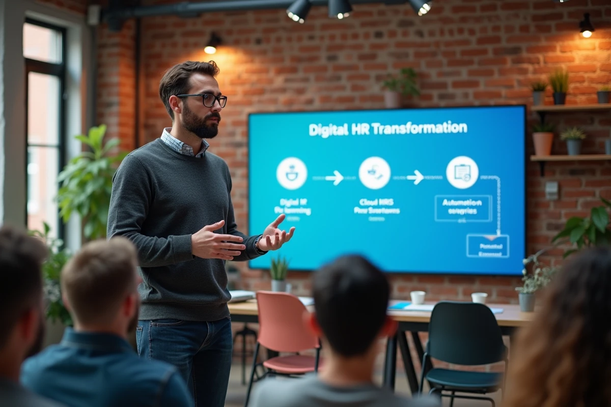 Manager RH présentant une feuille de route de transformation numérique RH sur écran mural dans un espace de coworking, incluant SIRH cloud, e-learning et automatisation de la paie