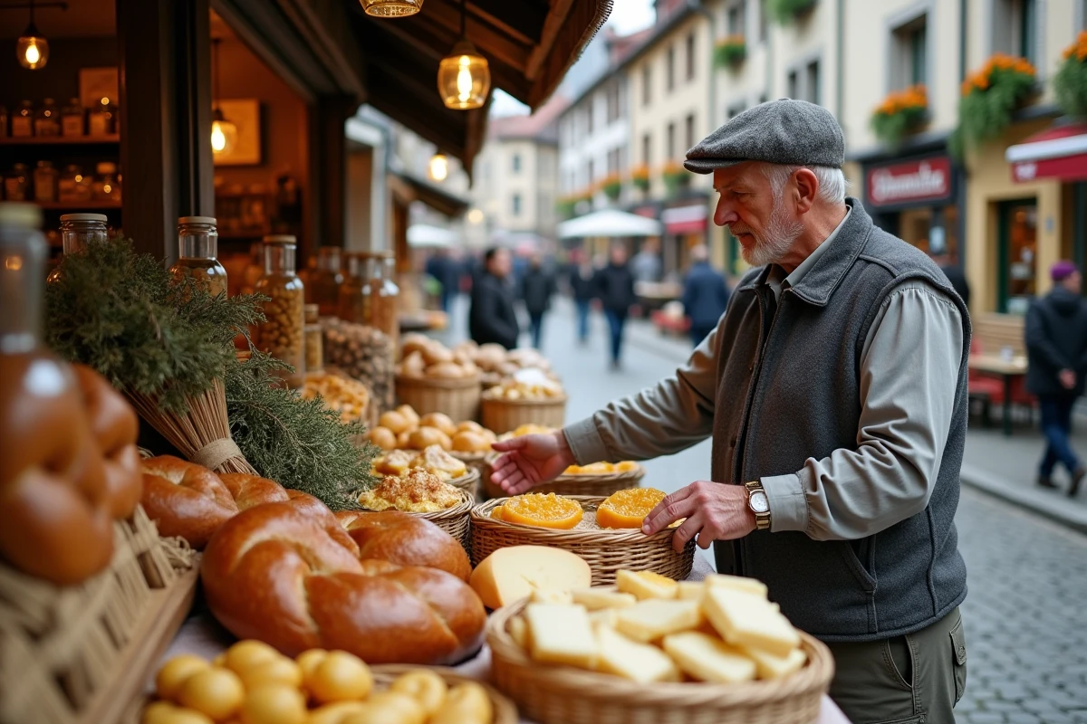 Étal de marché alsacien avec fromage Munster, bretzels et confitures artisanales dans un village à colombages