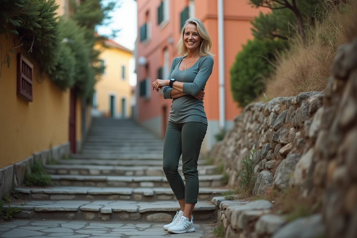 Femme vérifiant sa montre connectée en haut d'un escalier incliné en plein air lors d'une séance de marche minceur