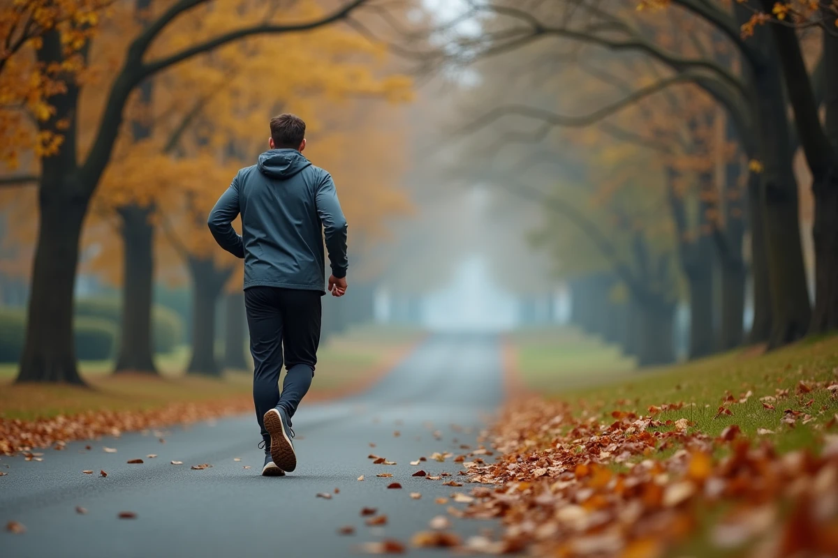 Homme marchant en montée sur un chemin incliné en plein air dans un parc automnal pour brûler des calories