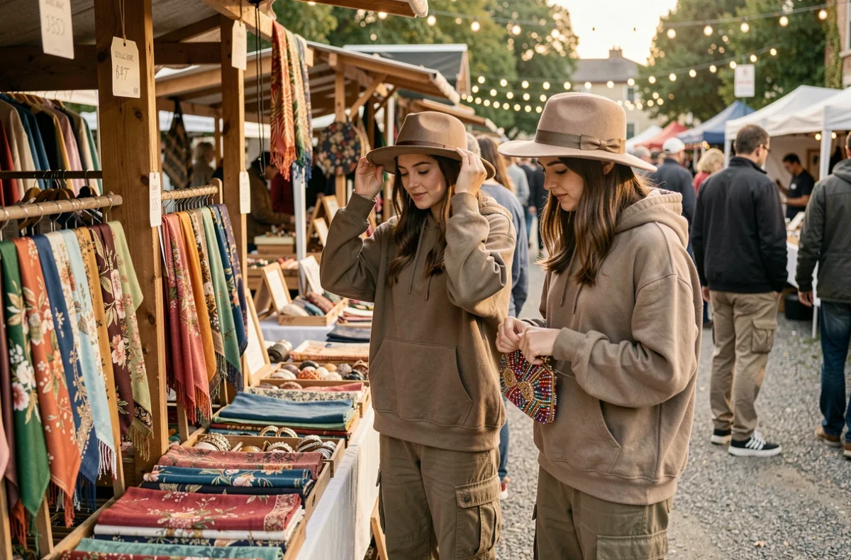 Deux jeunes femmes essayant des accessoires vintage dans un marché aux puces, chapeau rétro et pochette à perles mêlés à un style streetwear contemporain