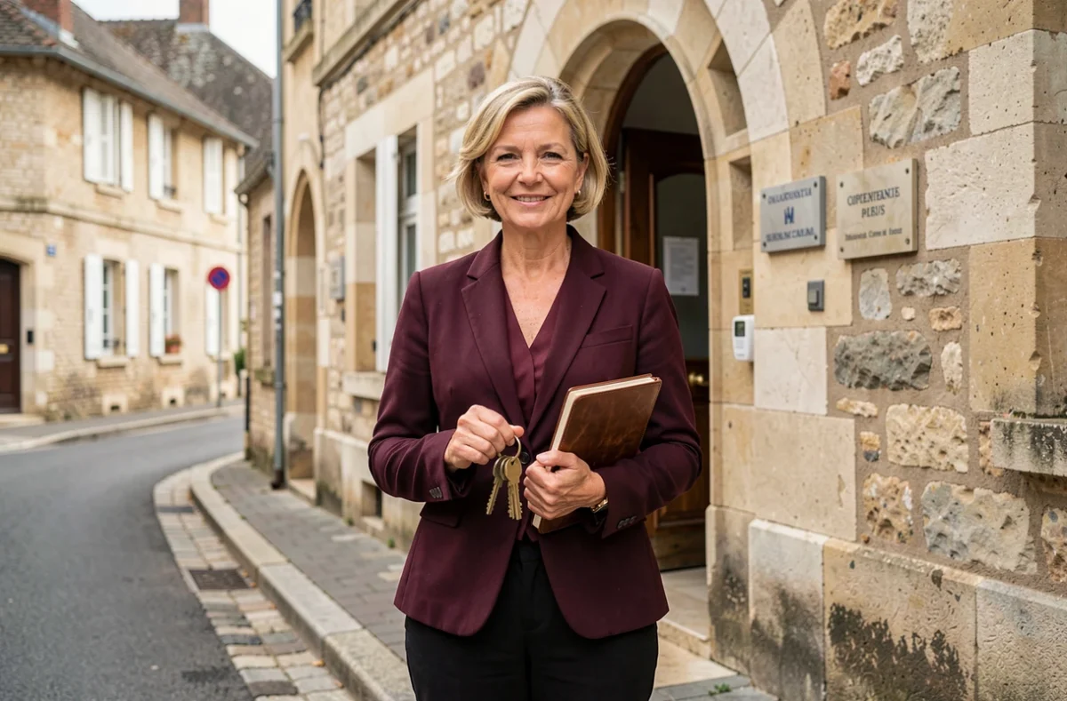 Marie-Françoise Marguinaud, professionnelle de la serrurerie en Creuse, devant un bâtiment administratif local avec un trousseau de clés à la main