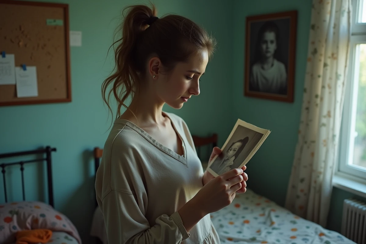 Jeune femme tenant une photo de famille ancienne dans une chambre d'enfance, évoquant la mémoire traumatique intergénérationnelle