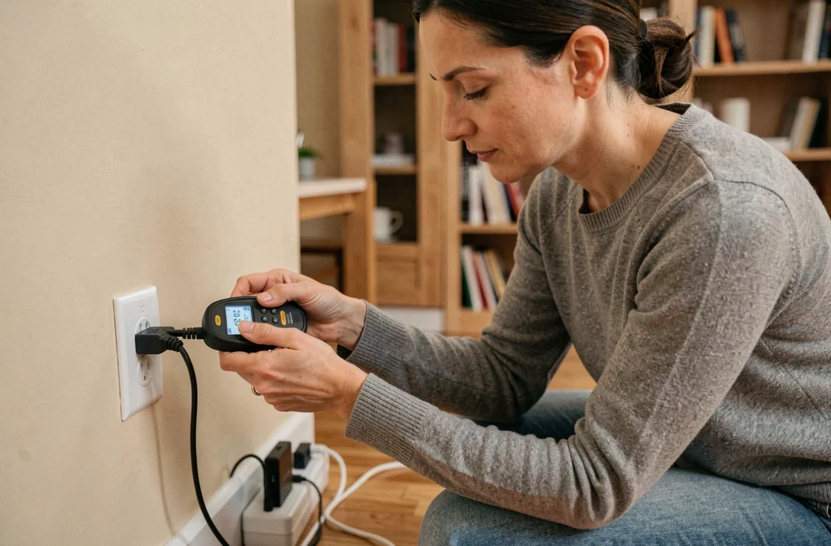 Femme mesurant la consommation en watts d'une prise électrique domestique avec un wattmètre portatif