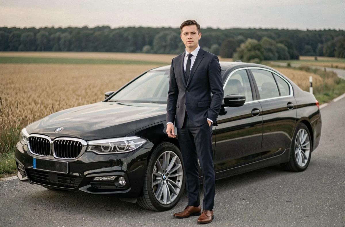 Un jeune chauffeur privé en costume sombre debout près d'un BMW 5 Series noir sur une route rurale de Seine-et-Marne pour MILO