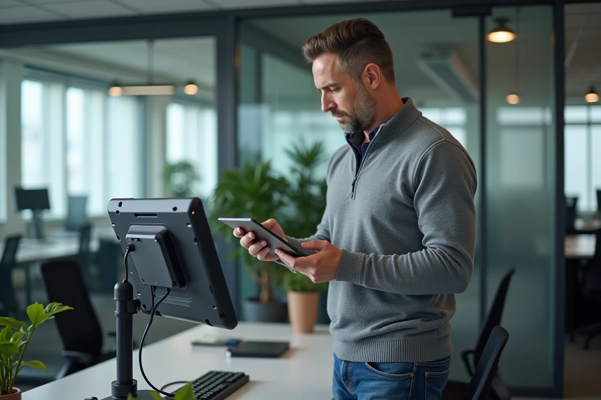 Homme consultant une tablette industrielle sur un bras articulé dans un bureau open-space moderne, illustrant la mobilité informatique semi-fixe en entreprise