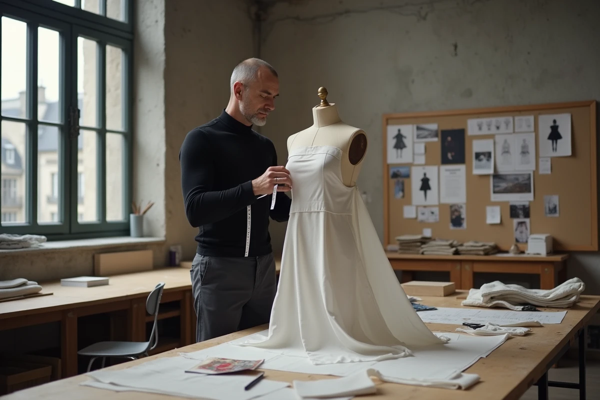 Créateur de mode masculin travaillant dans un atelier parisien, illustrant le processus créatif et l'impact culturel de la haute couture